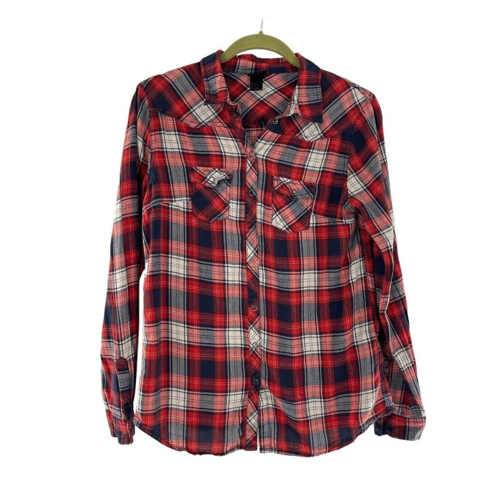 H&M‎ Womens Red Navy Plaid Button-Up Long Sleeve Shirt Western 8 Cowboy Blouse